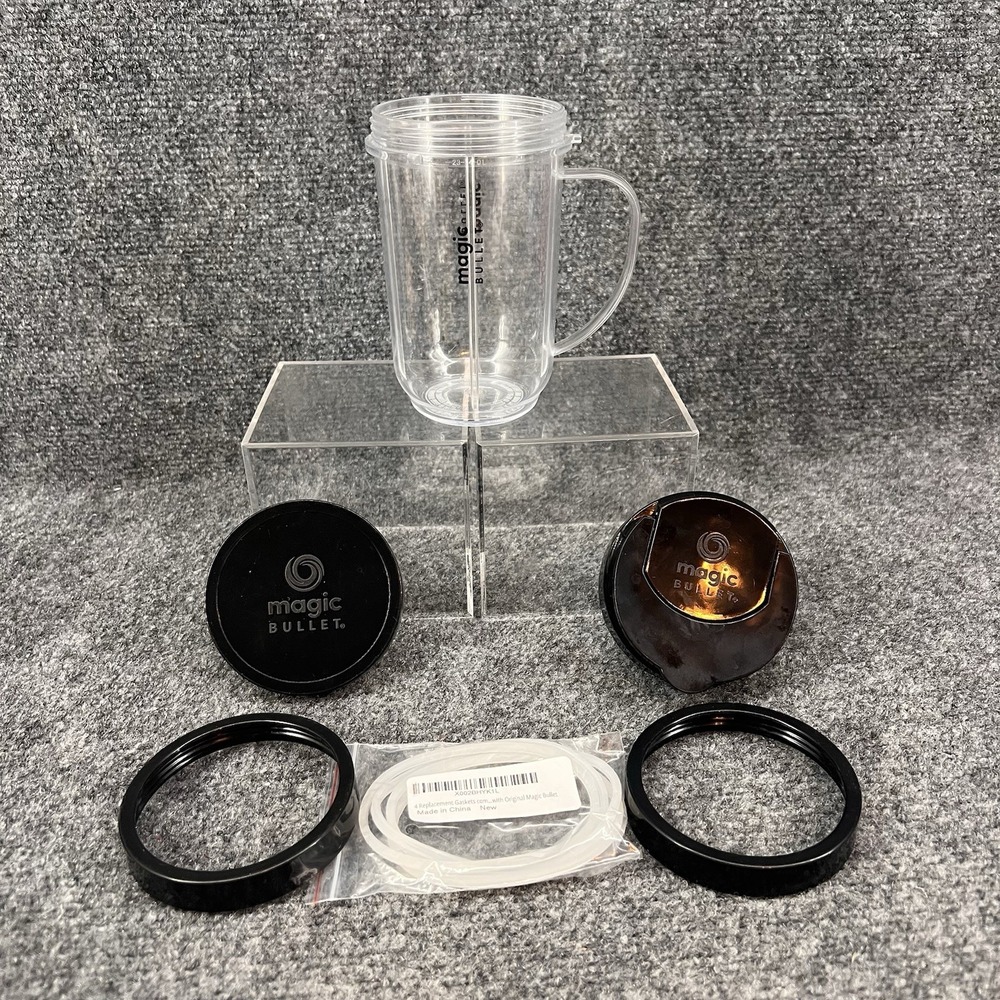 Magic Bullet Part Mug & 4 Black Lids (2 Lip Rings, 1 Solid Lid, 1 Flip Top)